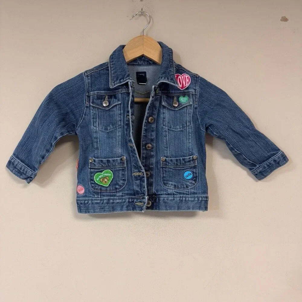 baby GAP Blue Denim Jacket Girl 3T Button Up Patches Cute Streetwear Fall Preppy
